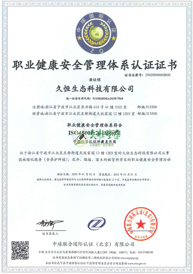 南浔职业健康安全管理体系ISO45001证书